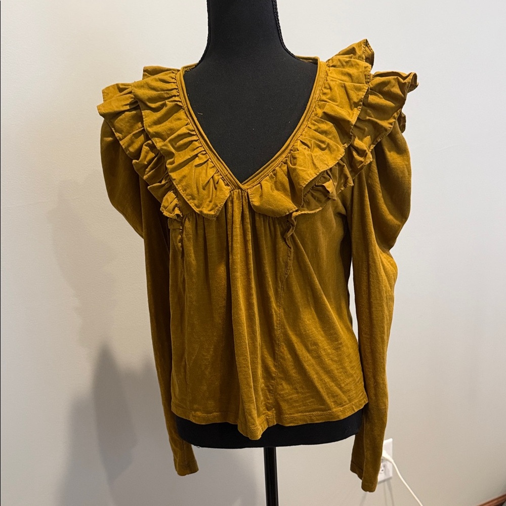 Anthropologie Mustard Ruffled V-Neck Blouse- Small